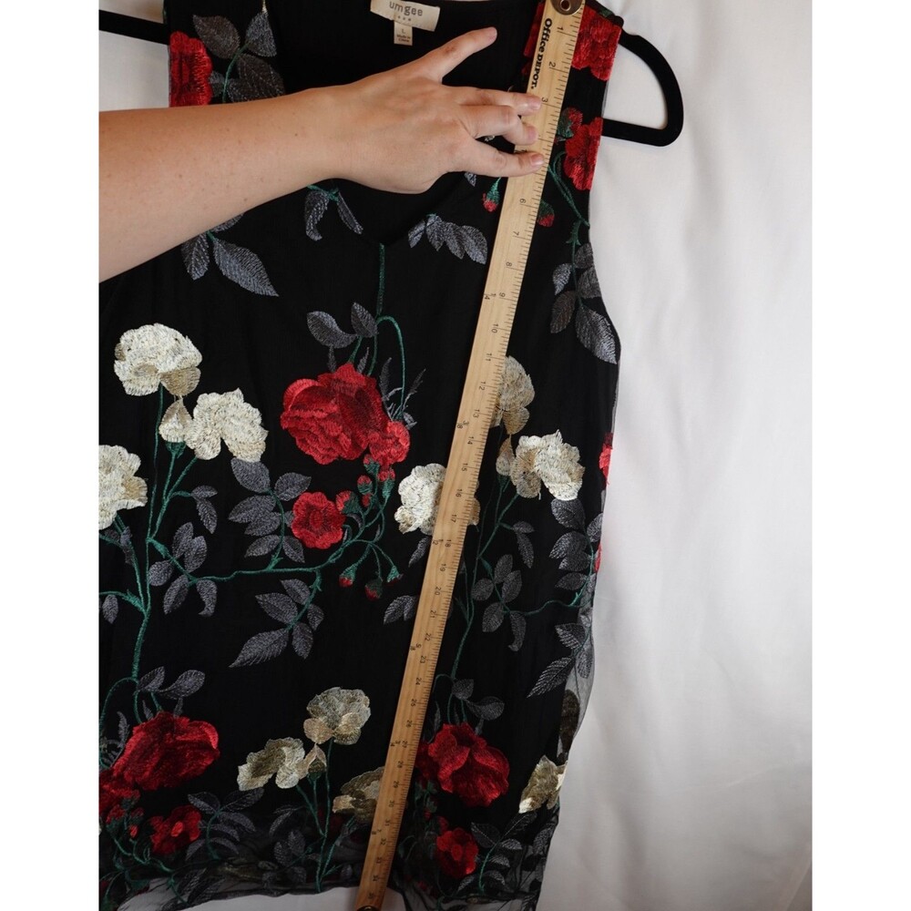 Umgee Sleeveless Dress Large Floral Embroidered Sheer Overlay Black Red White - Picture 5 of 16